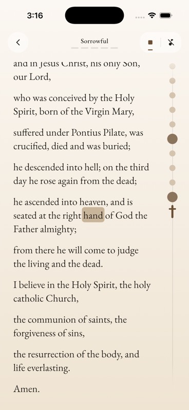 Actual DigiRosary prayer screen with compact auto-read and ambient music shortcuts, active word highlighting, prayer progress, and a vertical Rosary bead rail on the right